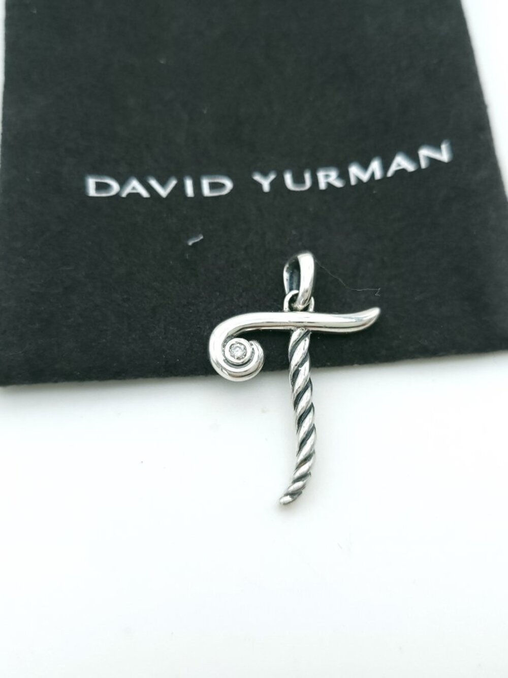 David Yurman Sterling Silver Script Initial "T" Letter Charm Diamond Pendant